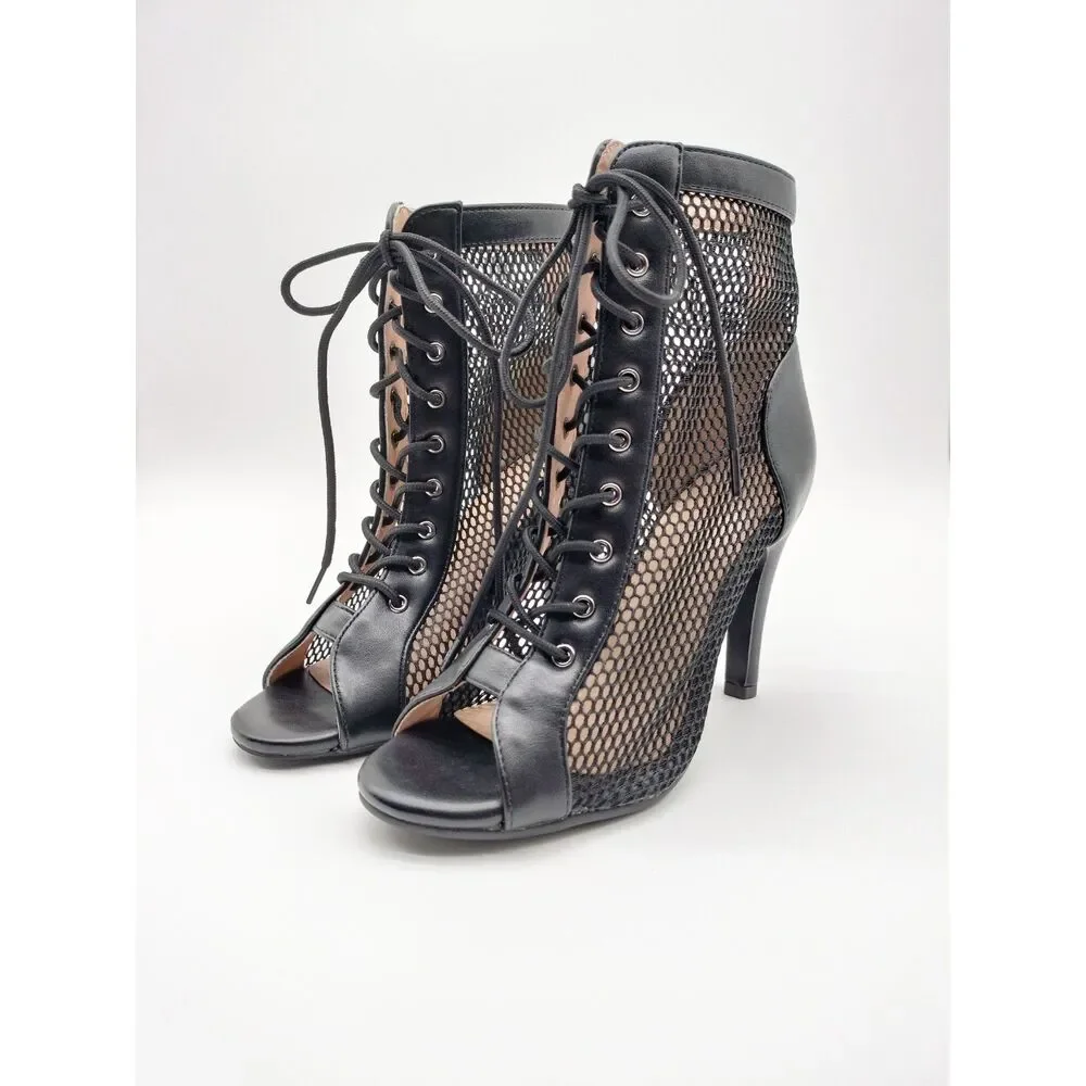 Dance and Sway Women's Size 6.5 Black Lace Up Mesh Stiletto Dance Ankle Booties